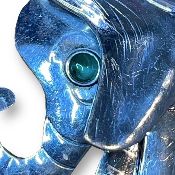 Hand Crafted Earrings Drop Style Elephant Engraved Metal with Glass Green Jewel - Picture 4 of 6